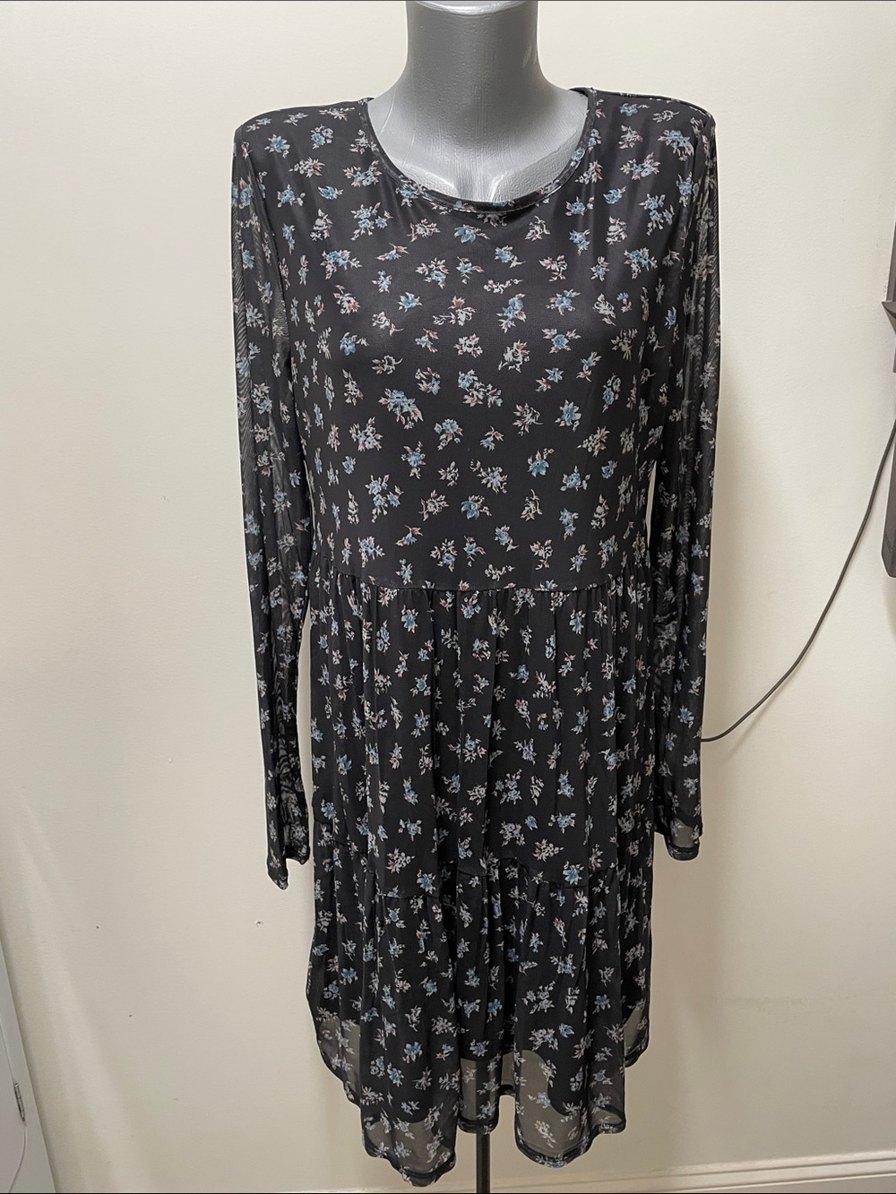 love, Fire Black Long-Sleeve Floral Tiered Dress with Blue and White Flowers